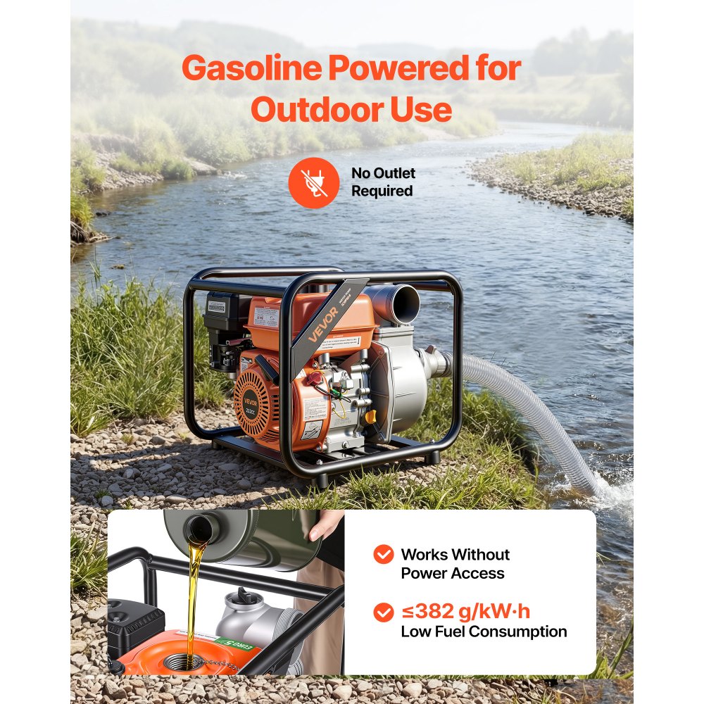 VEVOR Gas Powered Water Pump, 3 in, 264 GPM 7HP Semi Trash Water Transfer Pump Portable, Gasoline Engine with 25 ft Discharge Hose, Heavy Duty Frame, Cast Iron Impeller, for Irrigation, Ponds, Pools