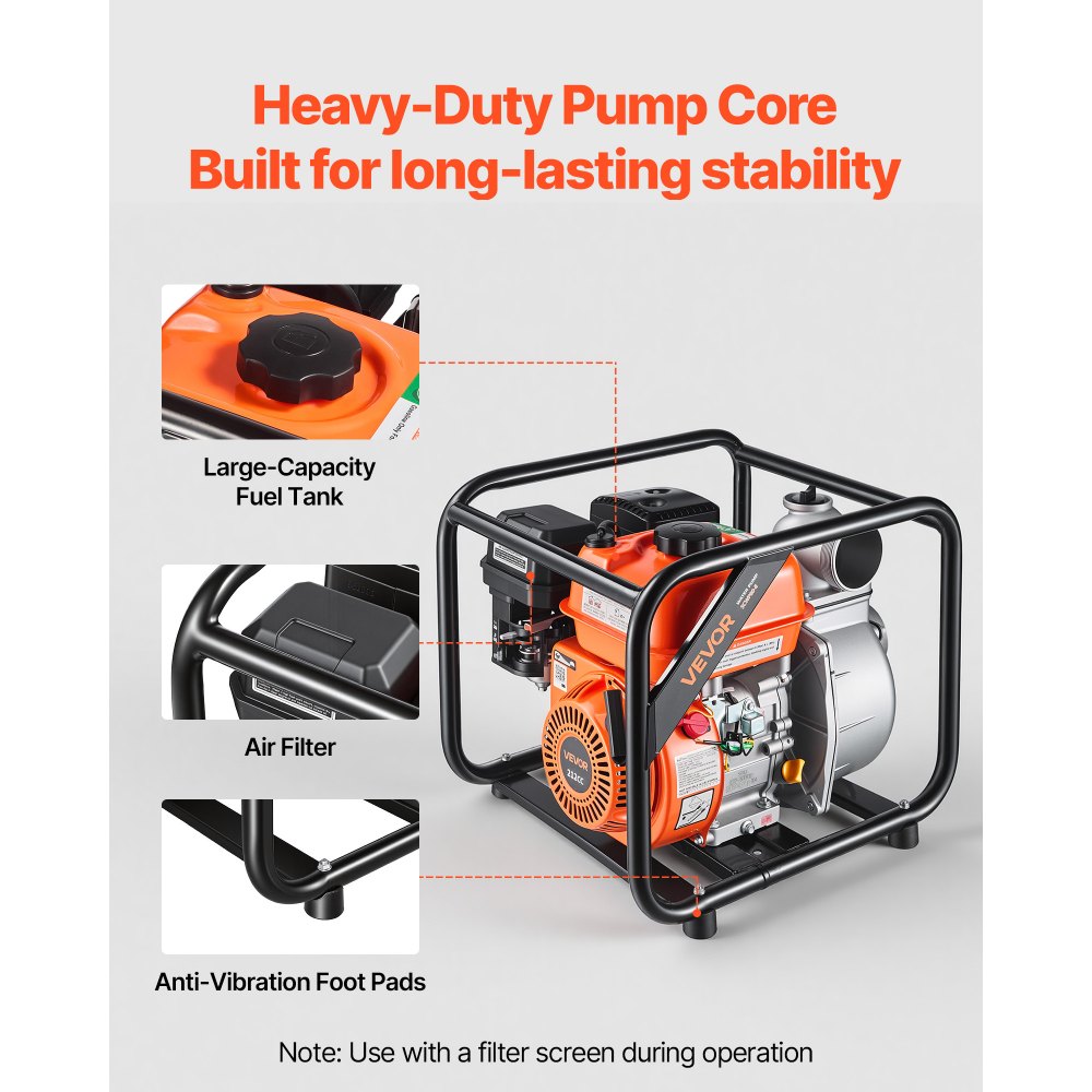 VEVOR Gas Powered Water Pump, 3 in, 264 GPM 7HP Semi Trash Water Transfer Pump Portable, Gasoline Engine with 25 ft Discharge Hose, Heavy Duty Frame, Cast Iron Impeller, for Irrigation, Ponds, Pools