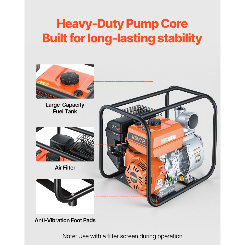 VEVOR Gas Powered Water Pump, 4 in, 422 GPM 8.3HP Semi Trash Water Transfer Pump Portable, Gasoline Engine with 25 ft Discharge Hose, Heavy Duty Frame, Cast Iron Impeller, for Irrigation, Ponds, Pools
