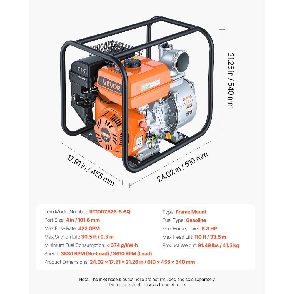VEVOR Gas Powered Water Pump, 4 in, 422 GPM 8.3HP Semi Trash Water Transfer Pump Portable, Gasoline Engine with 25 ft Discharge Hose, Heavy Duty Frame, Cast Iron Impeller, for Irrigation, Ponds, Pools