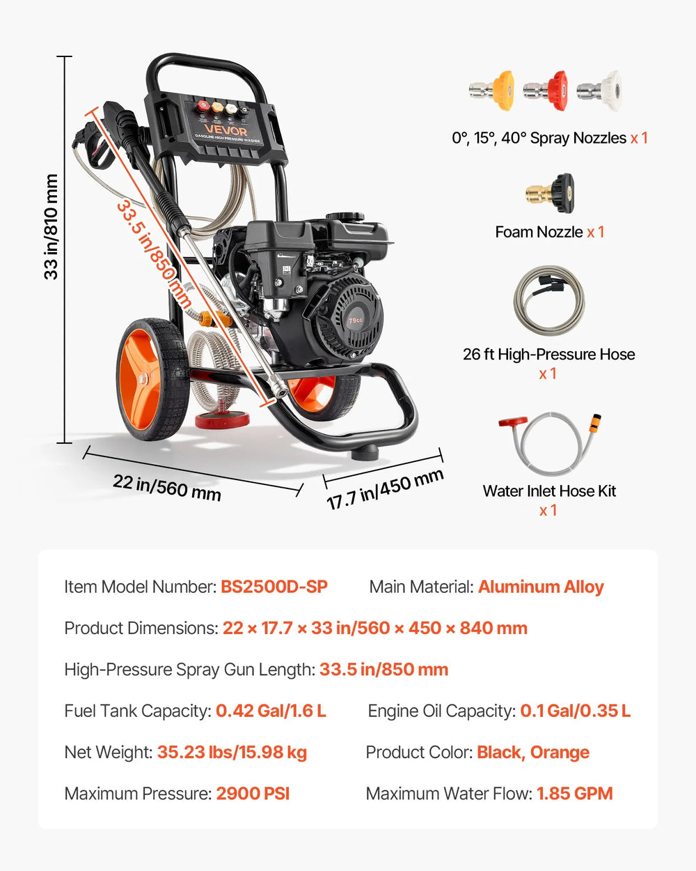 VEVOR Gas Pressure Washer 2900 PSI and 1.85 Max GPM, Upgrade Aluminum Pump with Spray Gun and Wand, 4 Nozzle Set, Gas Powered Pressure Washer for Cars, Fences, Driveways, Homes, Patios, Furniture