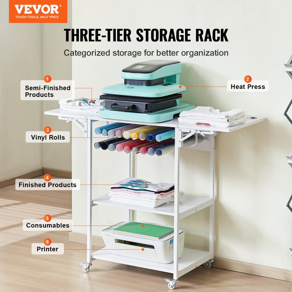 VEVOR Heat Press Table, 3 Tier Movable Heat Press Stand, Foldable Heat Transfer Machine Stand with Wheels and Vinyl Roll Holder, Rolling Metal Workbench for Sublimation Transfer Machine, White