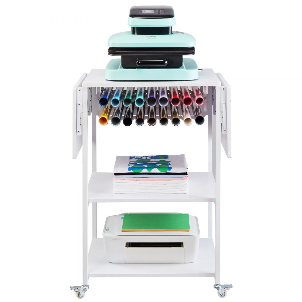 VEVOR Heat Press Table, 3 Tier Movable Heat Press Stand, Foldable Heat Transfer Machine Stand with Wheels and Vinyl Roll Holder, Rolling Metal Workbench for Sublimation Transfer Machine, White