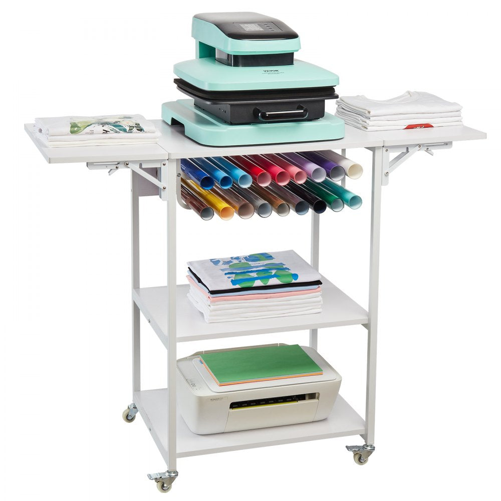 VEVOR Heat Press Table, 3 Tier Movable Heat Press Stand, Foldable Heat Transfer Machine Stand with Wheels and Vinyl Roll Holder, Rolling Metal Workbench for Sublimation Transfer Machine, White