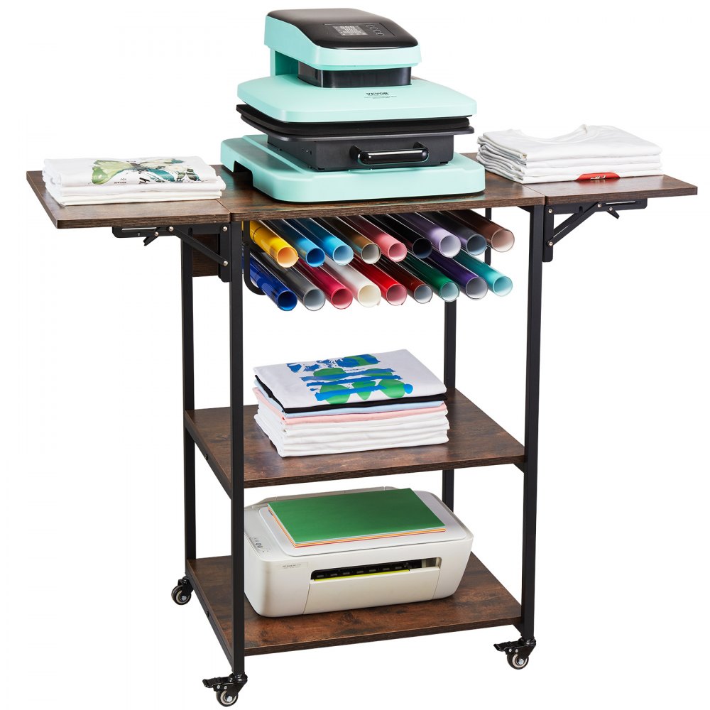 VEVOR Heat Press Table, 3 Tier Movable Heat Press Stand, Foldable Heat Transfer Machine Stand with Wheels and Vinyl Roll Holder, Rolling Metal Workbench for Sublimation Transfer Machine, Brown