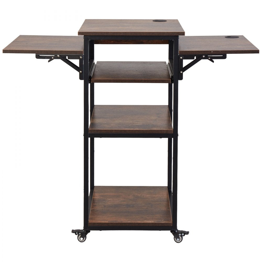VEVOR Heat Press Table with Charging Station, 4 Tier Movable Heat Press Stand, Foldable Heat Transfer Machine Stand with Wheels, Rolling Metal Workbench for Sublimation Transfer Machine, Brown