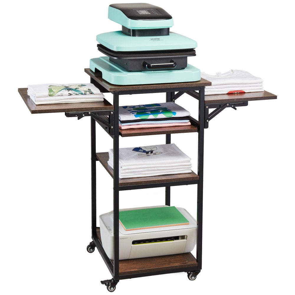VEVOR Heat Press Table with Charging Station, 4 Tier Movable Heat Press Stand, Foldable Heat Transfer Machine Stand with Wheels, Rolling Metal Workbench for Sublimation Transfer Machine, Brown