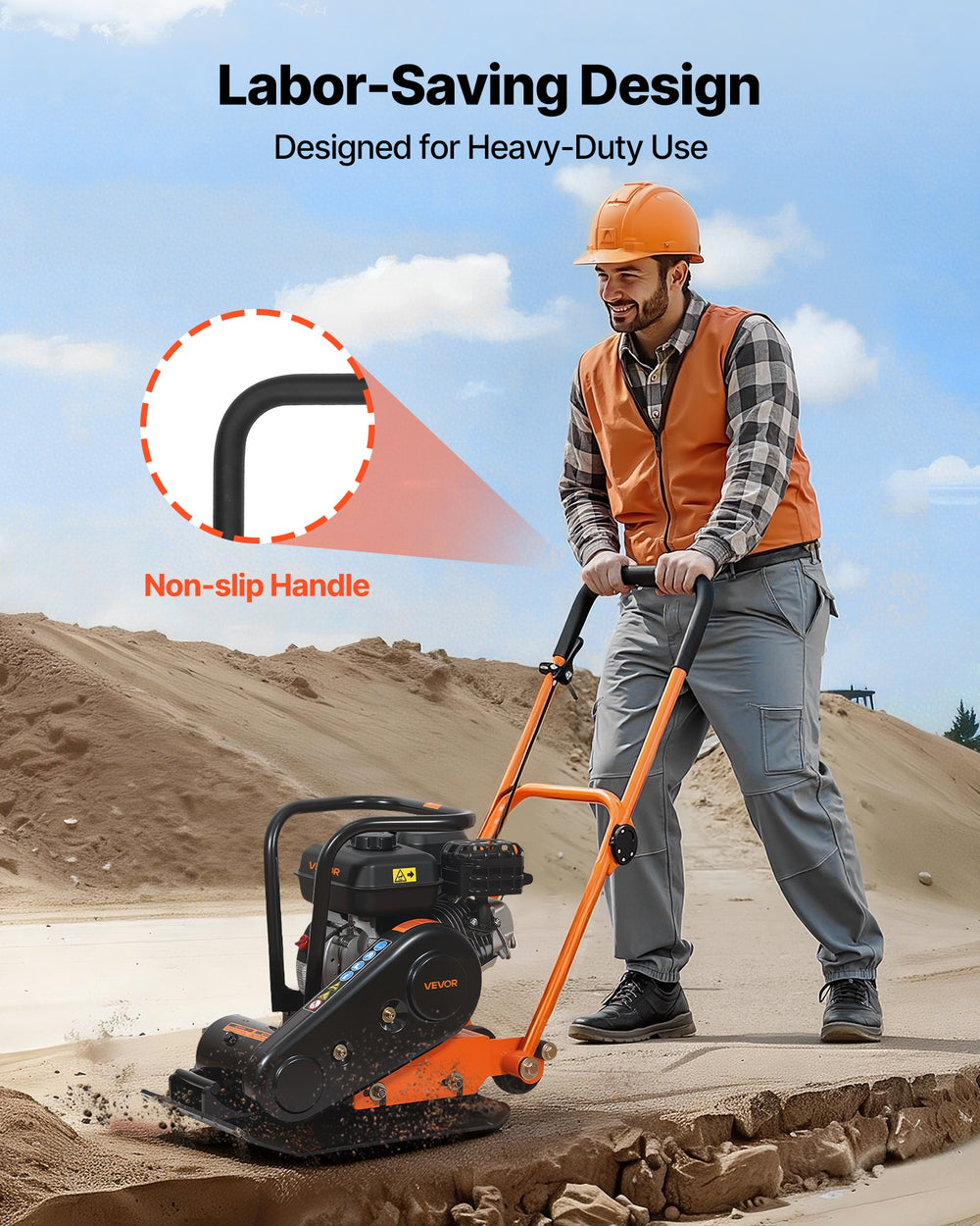 VEVOR plate compactor in use - labor-saving design, non-slip handle