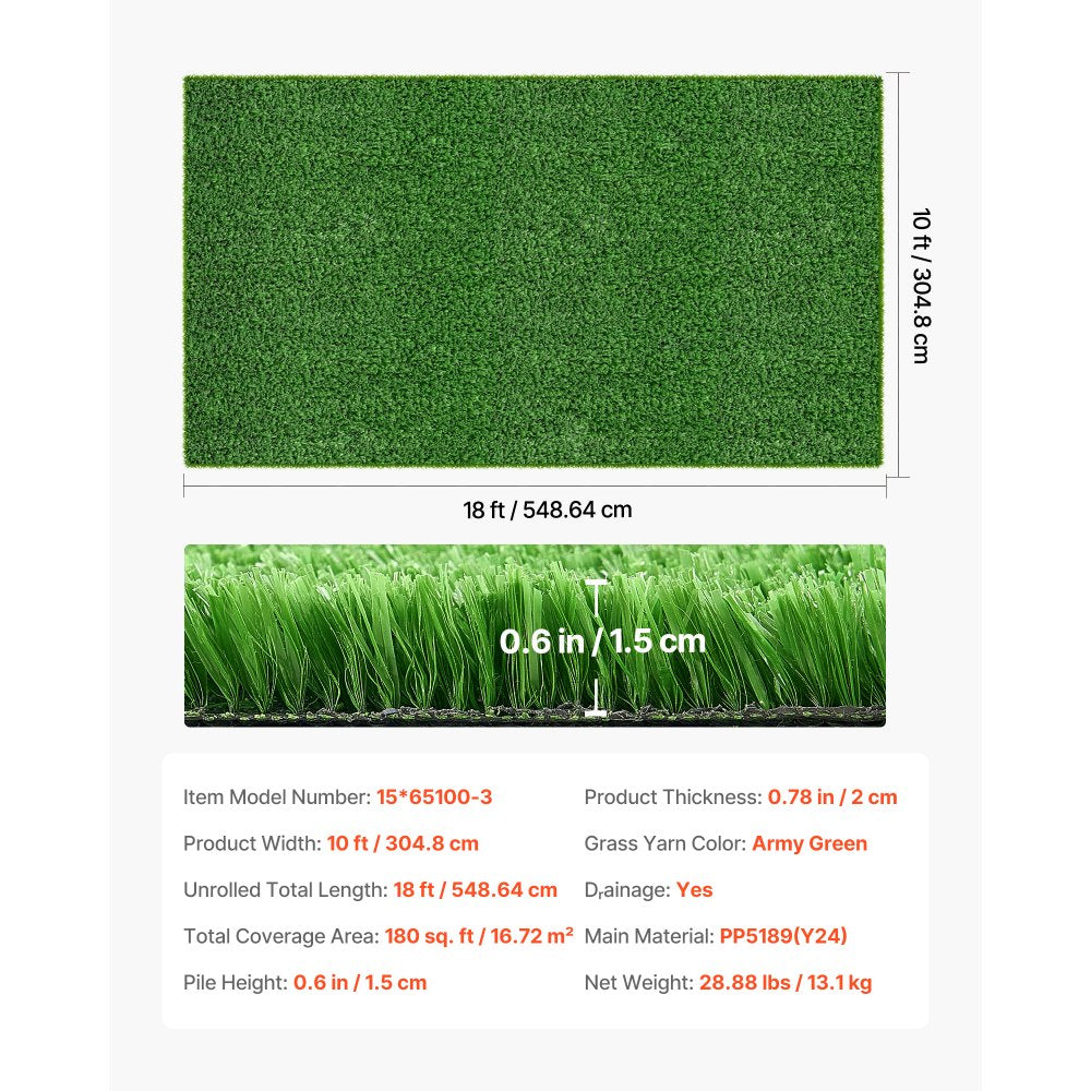 VEVOR Artificial Grass, 18 x 10 ft Fake Grass Turf Rug, 0.6 in Pile Height Realistic Synthetic Lawn Carpet Roll Mat, Easy Clean Drainage Holes for Patio, Garden, Balcony, Outdoor Indoor Decor, Green