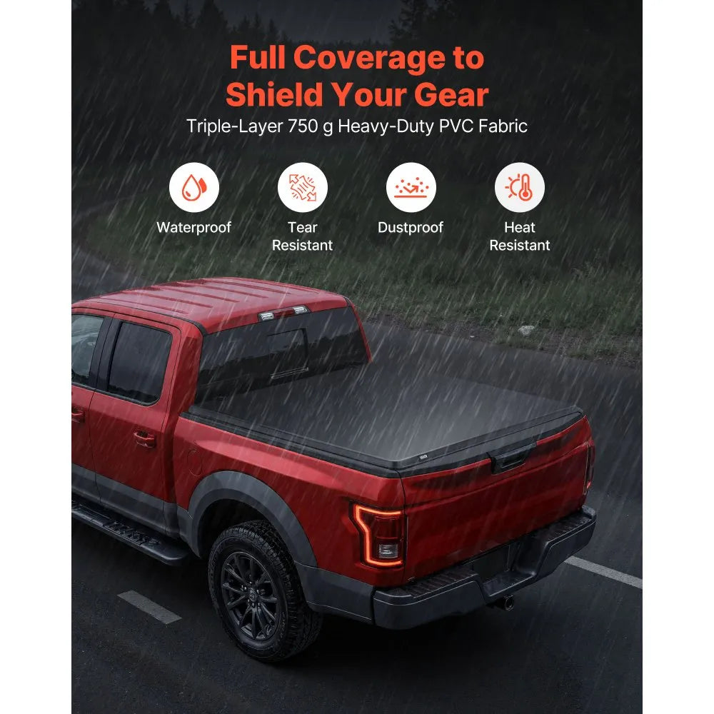 VEVOR Soft Roll-Up Truck Bed Tonneau Cover, Compatible with 2017-2025 Ford F-250/350/450 Super Duty, Fits 6.8 ft (6 ft 10 in/82 in) Bed, Triple-Layer PVC Tonneau Cover with Three Aluminum Alloy Bars