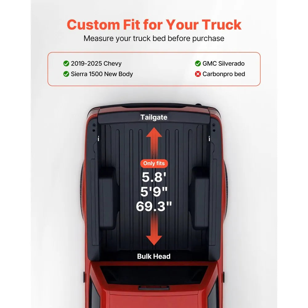 VEVOR Soft Roll-Up Truck Bed Tonneau Cover, Compatible with 2019-2025 Chevy Silverado/GMC Sierra 1500 New Body, Fits 5.8 ft (5 ft 9 in/69.3 in) Bed, PVC Tonneau Cover with Aluminum Alloy Support Bars