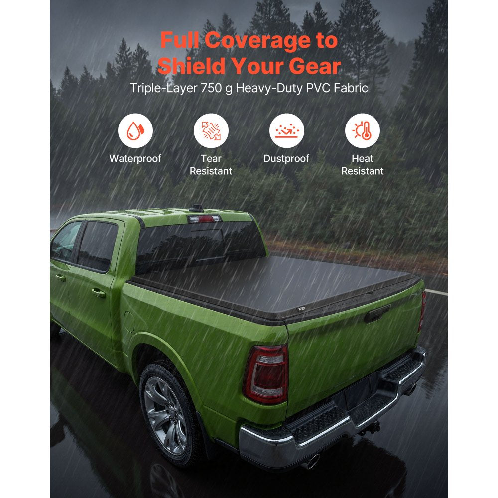 VEVOR Soft Roll-Up Truck Bed Tonneau Cover, Compatible with 2019-2025 Ram 1500 New Body, Fits 5.7 ft (5 ft 7 in/67 in) Bed Without Rambox or Split Tailgate, PVC Tonneau Cover with Aluminum Alloy Bars