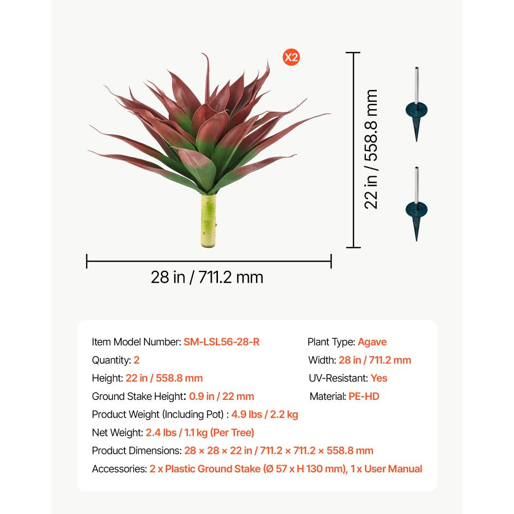 VEVOR Artificial Agave, 28W x 22H 2PCS Fake Agave Plants with Ground Stakes, Sun-Resistant for Home, Garden, Office, Store, Living Room,Porch, Indoor & Outdoor Decor, Realistic Texture Faux Plant, Red