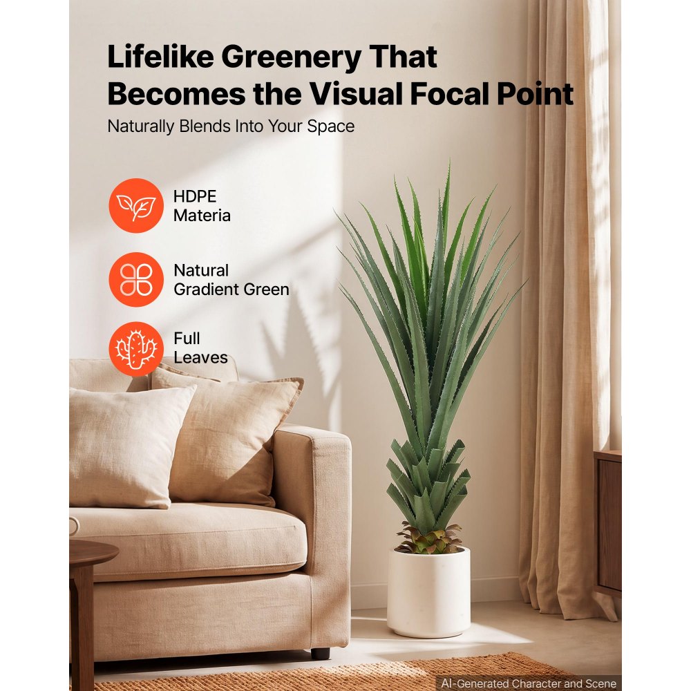 VEVOR Artificial Agave, 48 in Tall Fake Agave Plant with White Pot 1 Pack, Sun-Resistant for Home, Garden, Office, Store, Living Room, Porch, Indoor & Outdoor Decor, Realistic Texture Faux Decor Plant