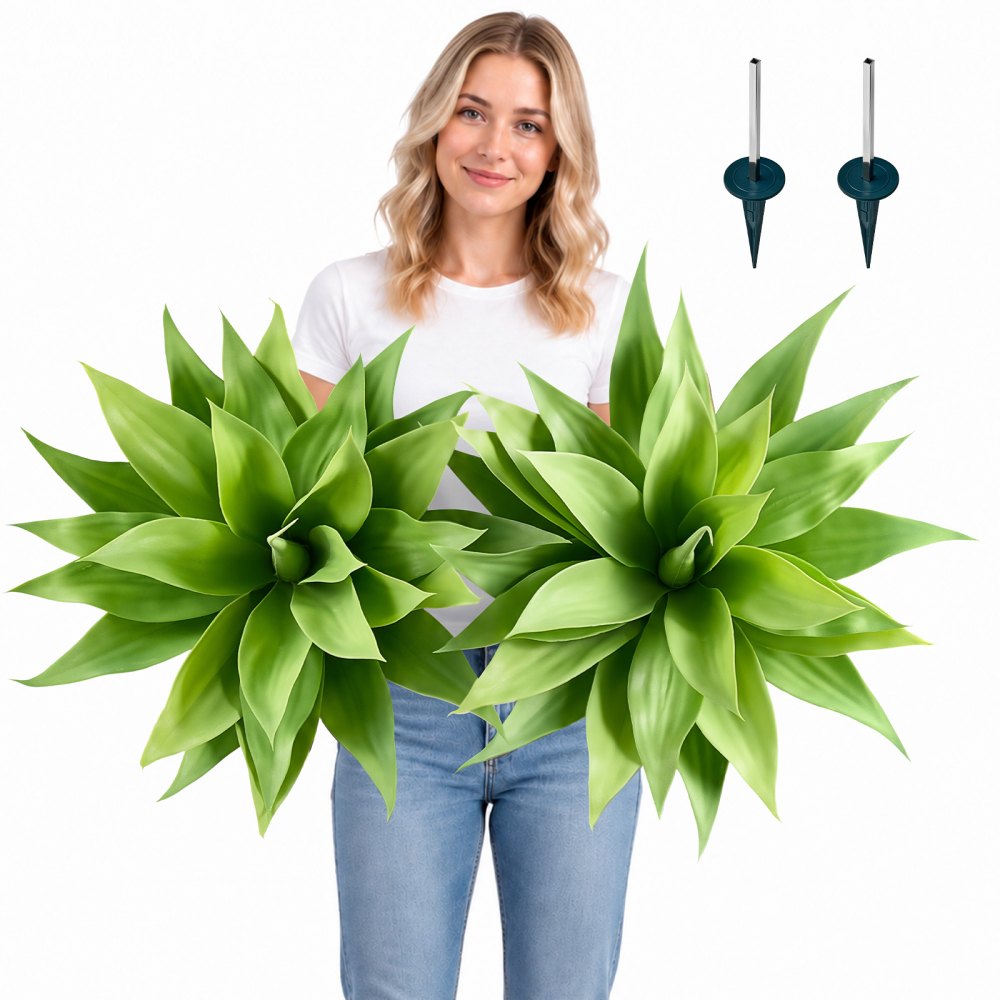 VEVOR Artificial Agave, 28W x 22H 2PCS Fake Agave Plants with Ground Stakes, Sun-Resistant for Home, Garden, Office, Store, Living Room, Porch, Indoor Outdoor Decor, Realistic Texture Faux Plant, Green