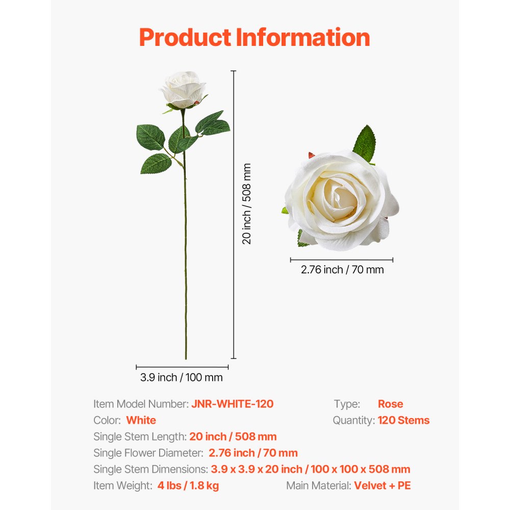 VEVOR Artificial Flowers, 120 pcs Real Looking White Foam Fake Roses Bulk, White Faux Bridal Shower with Stems for DIY Wedding Bouquets, Home Centerpieces Arrangements, Party Tables Decorations