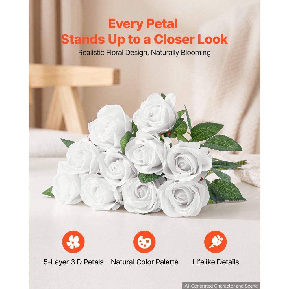 VEVOR Artificial Flowers Bulk White Roses 500 PCS Silk Faux Flowers Stems, for Vase, Table Centerpieces, Weddings, Parties, Bouquets, Home Decor and DIY Floral Arrangements, Realistic Fake Flower