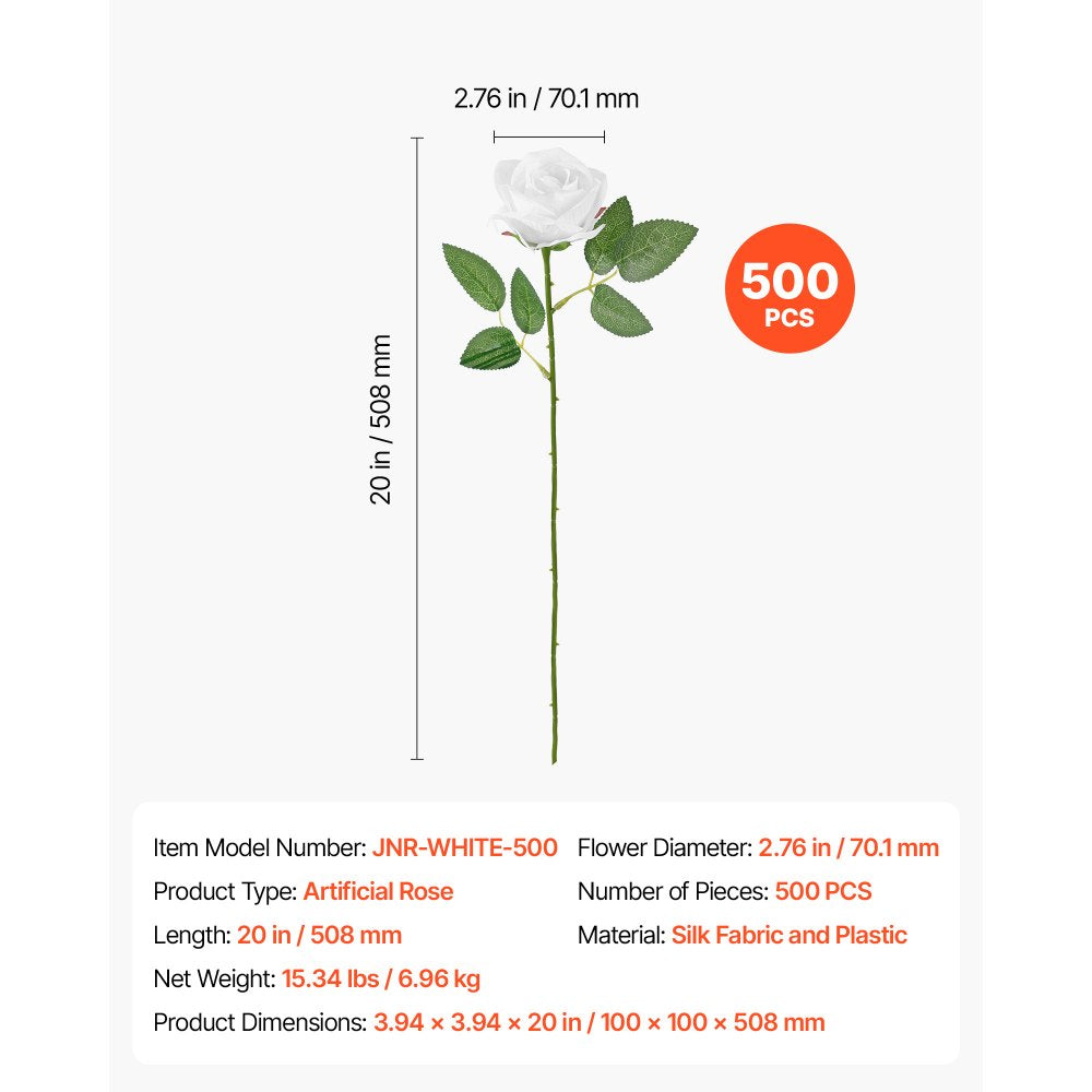 VEVOR Artificial Flowers Bulk White Roses 500 PCS Silk Faux Flowers Stems, for Vase, Table Centerpieces, Weddings, Parties, Bouquets, Home Decor and DIY Floral Arrangements, Realistic Fake Flower