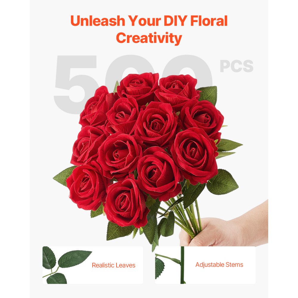 VEVOR Artificial Flowers, 500 pcs Real Looking Red Foam Fake Roses Bulk, Faux Red Bridal Shower with Stems for DIY Wedding Bouquets, Home Centerpieces Arrangements, Party Tables Decorations