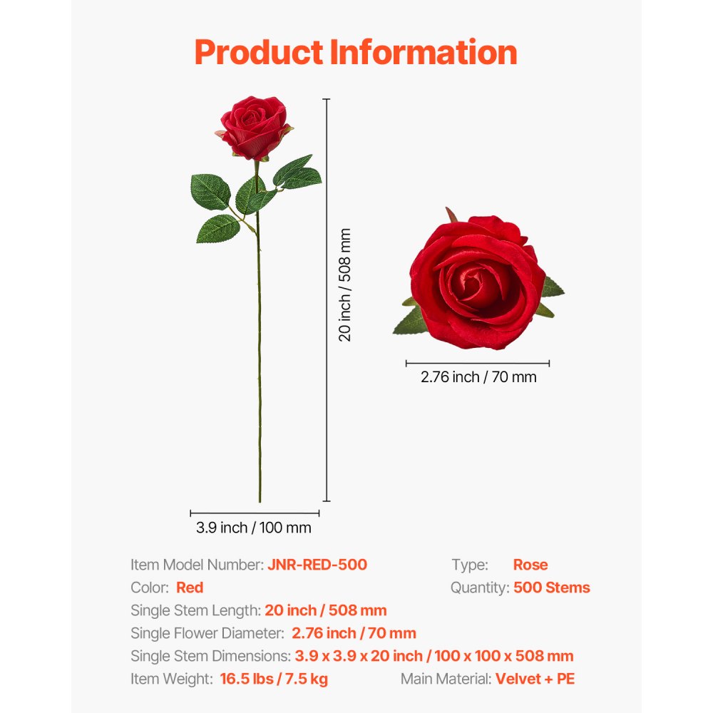 VEVOR Artificial Flowers, 500 pcs Real Looking Red Foam Fake Roses Bulk, Faux Red Bridal Shower with Stems for DIY Wedding Bouquets, Home Centerpieces Arrangements, Party Tables Decorations