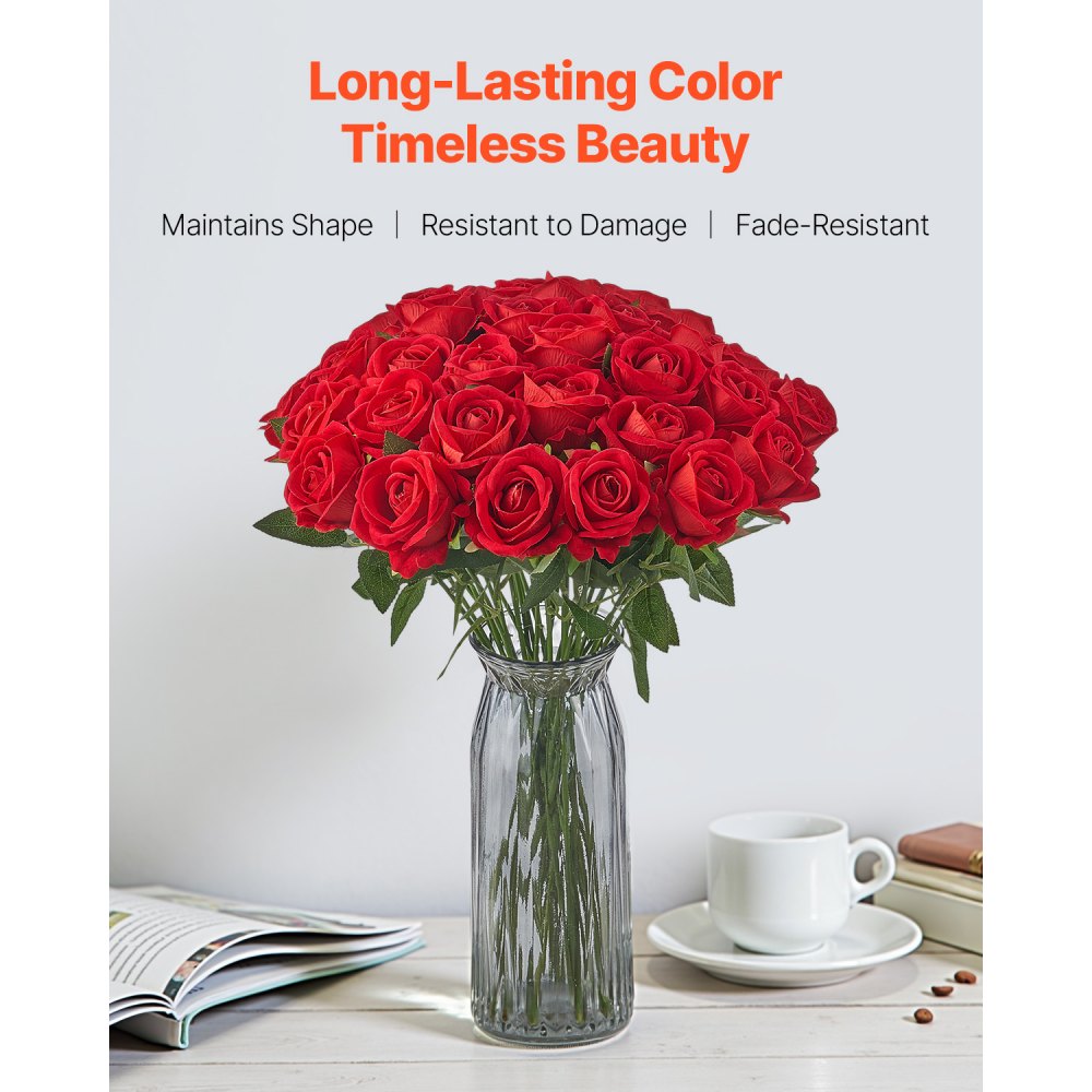 VEVOR Artificial Flowers, 60 pcs Real Looking Red Foam Fake Roses Bulk, Faux Red Bridal Shower with Stems for DIY Wedding Bouquets, Home Centerpieces Arrangements, Party Tables Decorations