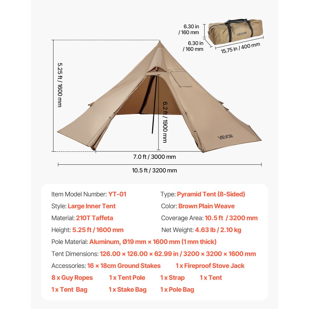 VEVOR Hot Tent for 2 Persons, Portable Winter Tipi Tent with Stove Jack, Waterproof Camping Tents,  Lightweight 4 Season Shelter Tents for Hiking Fishing Backpacking, S Size