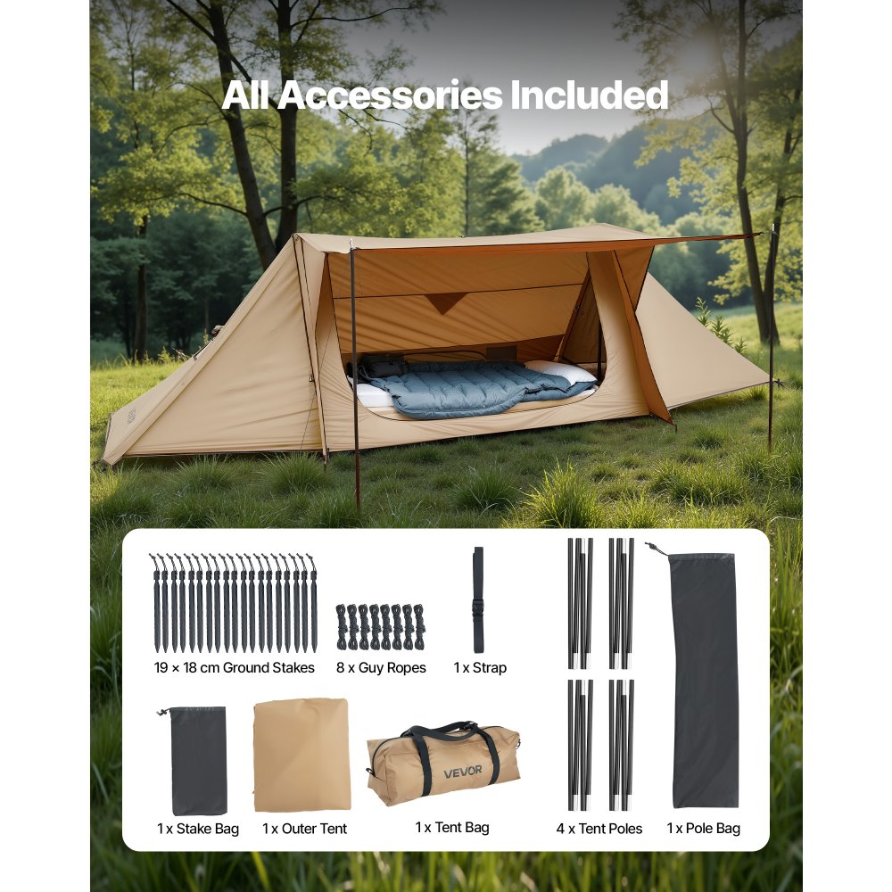 VEVOR Camping Hot Tent, Lightweight Bushcraft Tent with Stove Jack & 2 Tarp Poles, Waterproof Winter Hot Tents Shelters, Portable 4 Season Tents for 2 Persons Hiking Fishing Hunting Backpacking