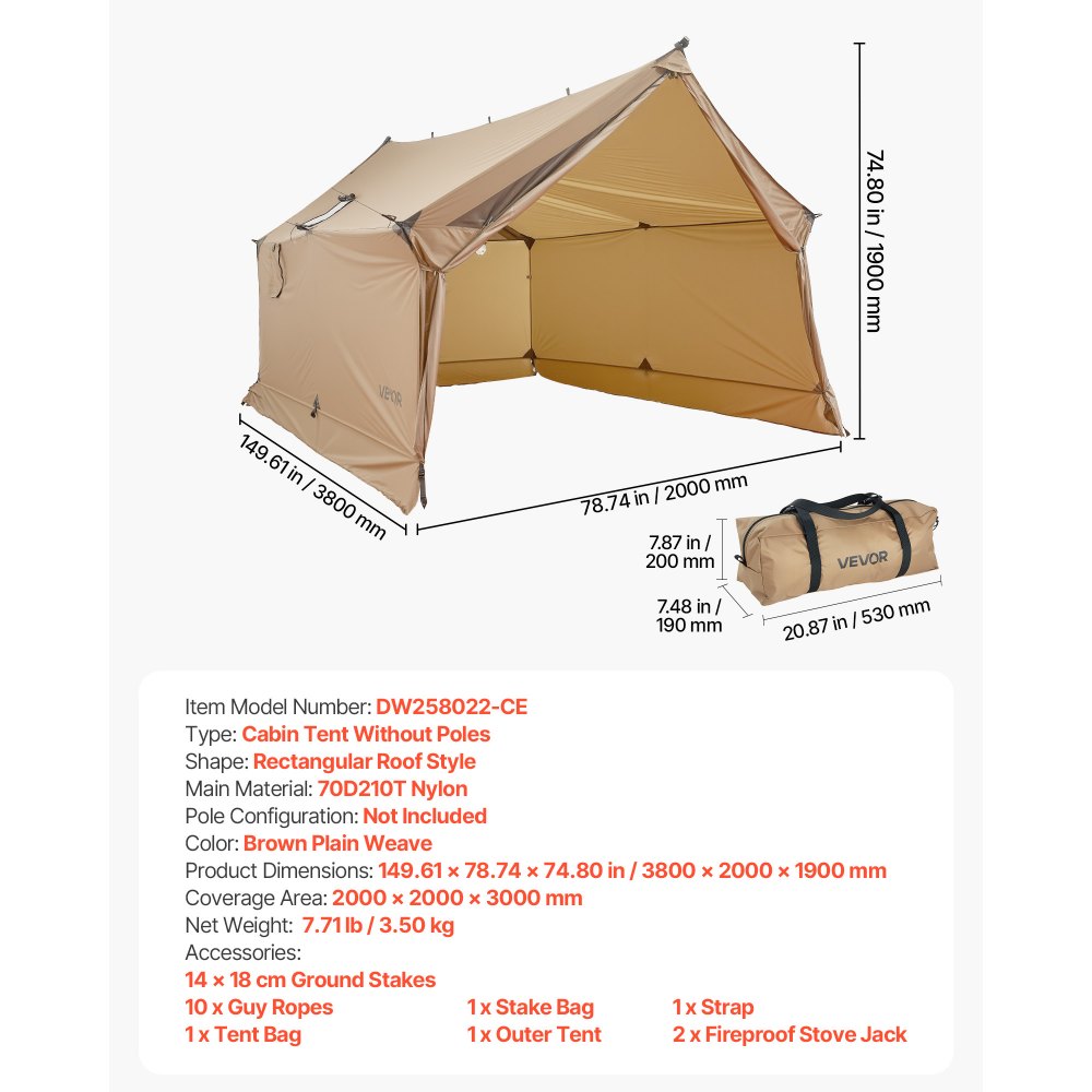 VEVOR Camping Hot Tent, 2 Persons Cabin Hot Tent with Stove Jack, Waterproof Winter Tents Shelters with Vents, Lightweight & Portable 4 Season Tents for Hiking Fishing Hunting Backpacking