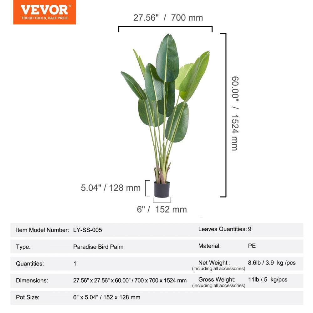 VEVOR Artificial Birds Of Paradise Tree, 5 FT Tall Faux Plant, PE Material & Anti-Tip Tilt Protection Low-Maintenance Plant, Lifelike Green Fake Tree for Home Office Warehouse Decor Indoor Outdoor