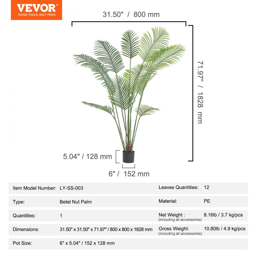 VEVOR Artificial Palm Tree, 6 FT Tall Faux Plant, Secure PE Material & Anti-Tip Tilt Protection Low-Maintenance Plant, Lifelike Green Fake Tree for Home Office Warehouse Decor Indoor Outdoor