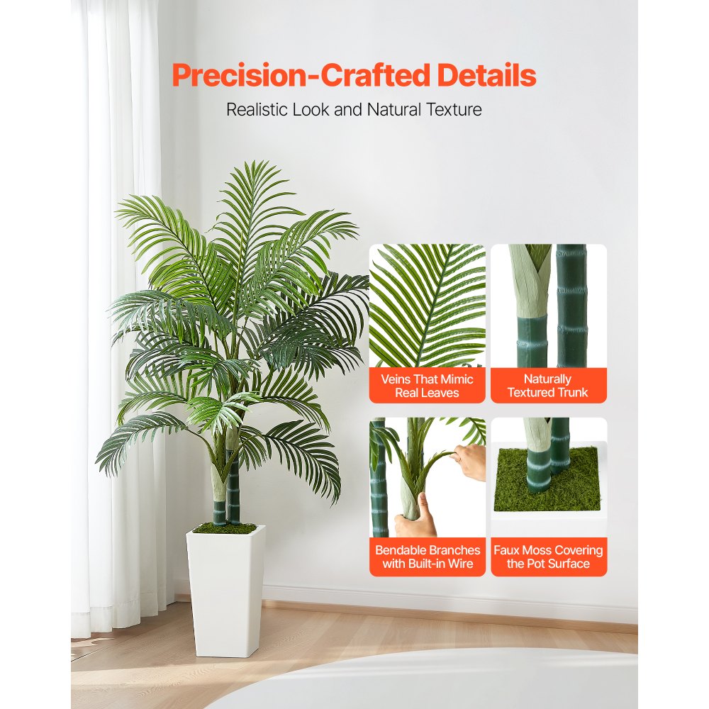 VEVOR Artificial Areca Palm Tree 5 ft, Fake Palm Tropical Plants with White Tall Planter, Faux Floor Silk Plant in Pot, Large Trees for Home Office Living Room Decor House Warming, Indoor Outdoor
