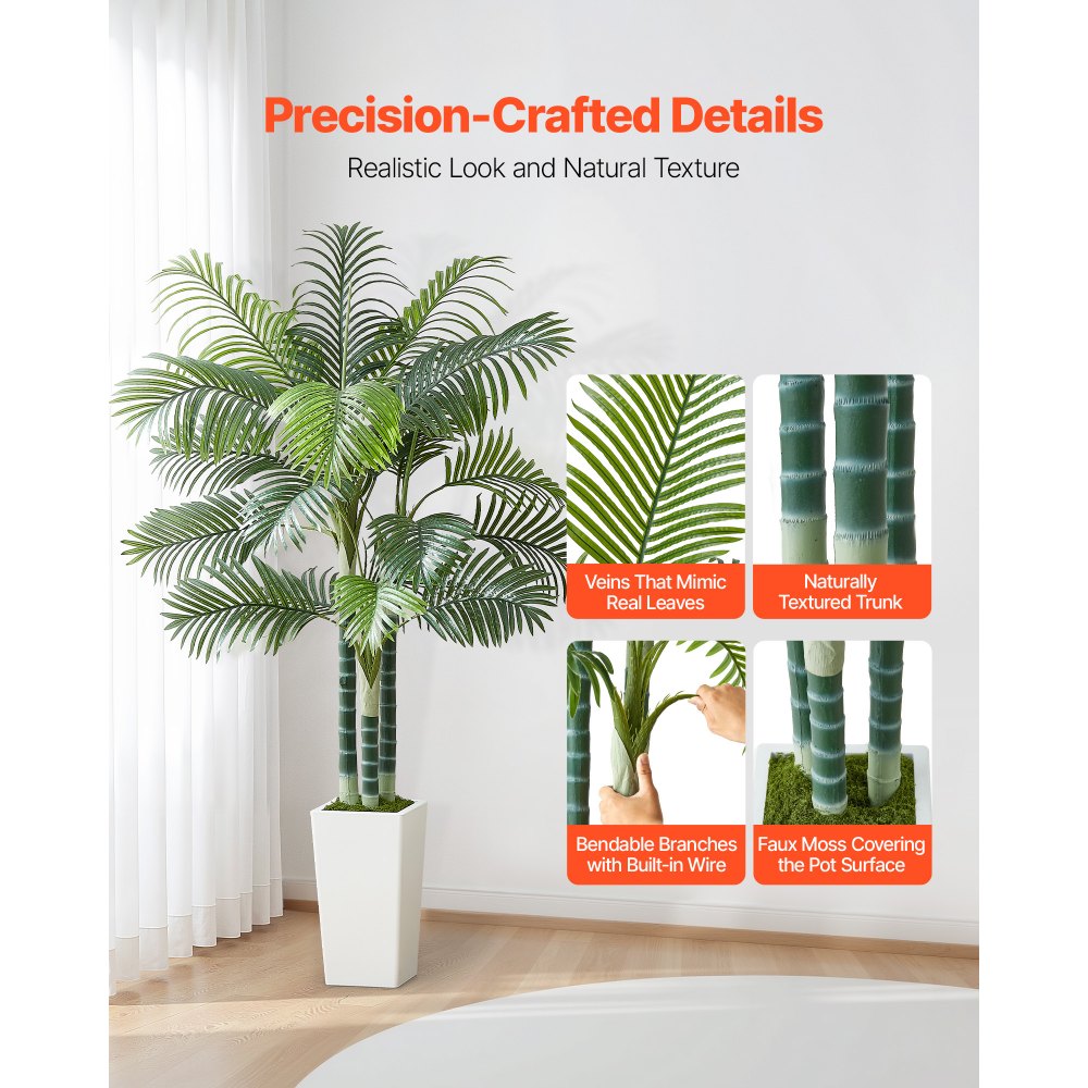 VEVOR Artificial Areca Palm Tree 6 ft, Fake Palm Tropical Plants with White Tall Planter, Faux Floor Silk Plant in Pot, Large Trees for Home Office Living Room Decor House Warming, Indoor Outdoor