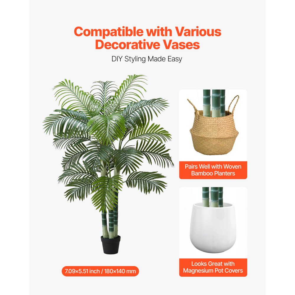 VEVOR Artificial Areca Palm Tree 6 ft, Fake Palm Tropical Plants with White Tall Planter, Faux Floor Silk Plant in Pot, Large Trees for Home Office Living Room Decor House Warming, Indoor Outdoor