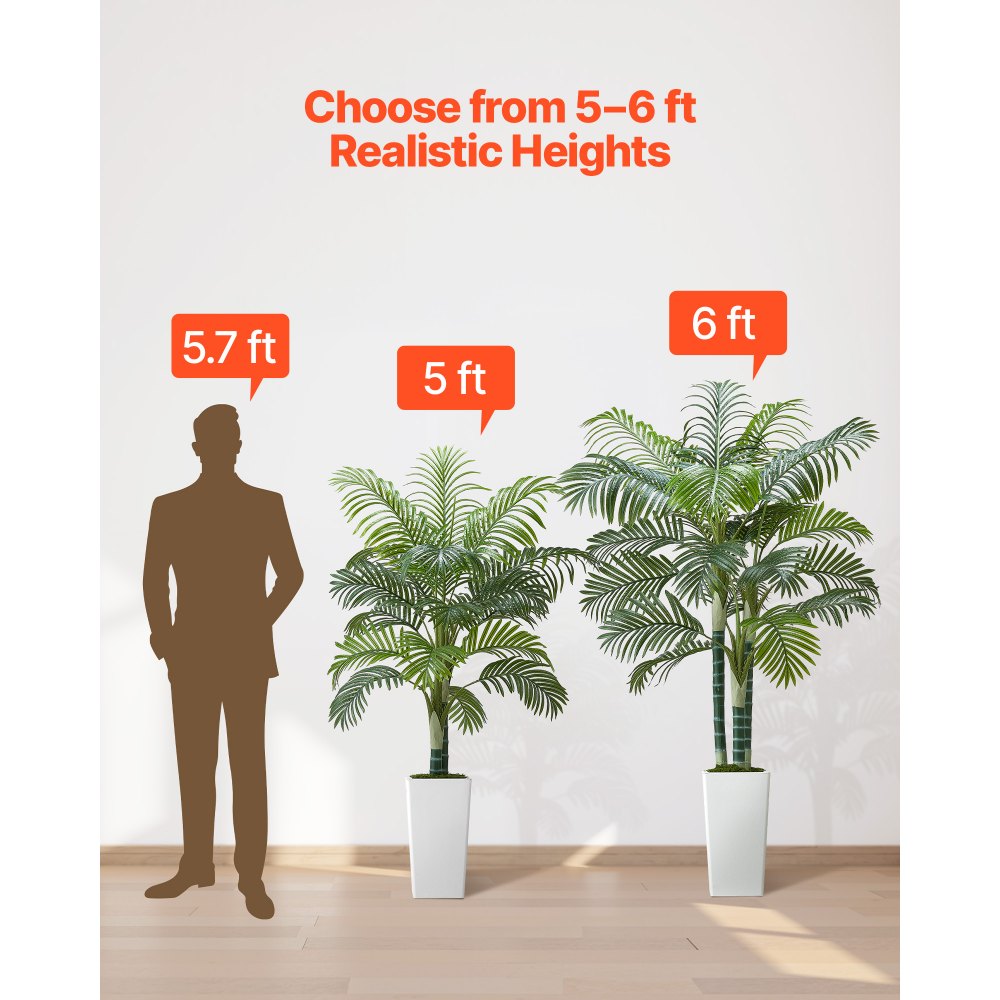 VEVOR Artificial Areca Palm Tree 6 ft, Fake Palm Tropical Plants with White Tall Planter, Faux Floor Silk Plant in Pot, Large Trees for Home Office Living Room Decor House Warming, Indoor Outdoor