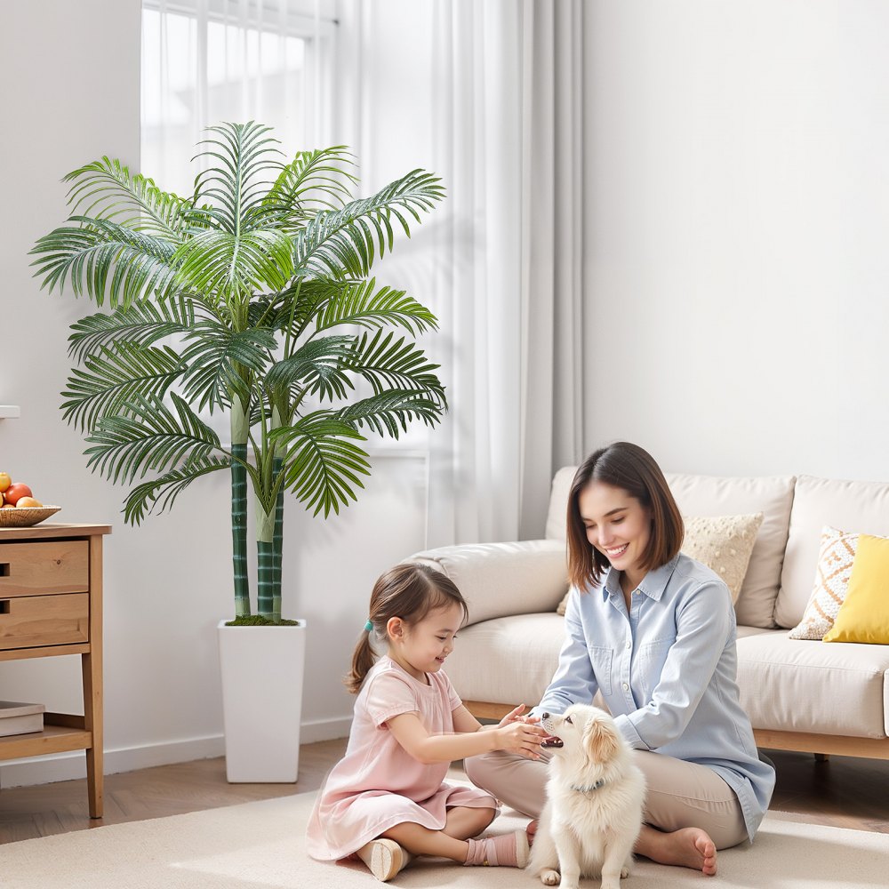 VEVOR Artificial Areca Palm Tree 6 ft, Fake Palm Tropical Plants with White Tall Planter, Faux Floor Silk Plant in Pot, Large Trees for Home Office Living Room Decor House Warming, Indoor Outdoor
