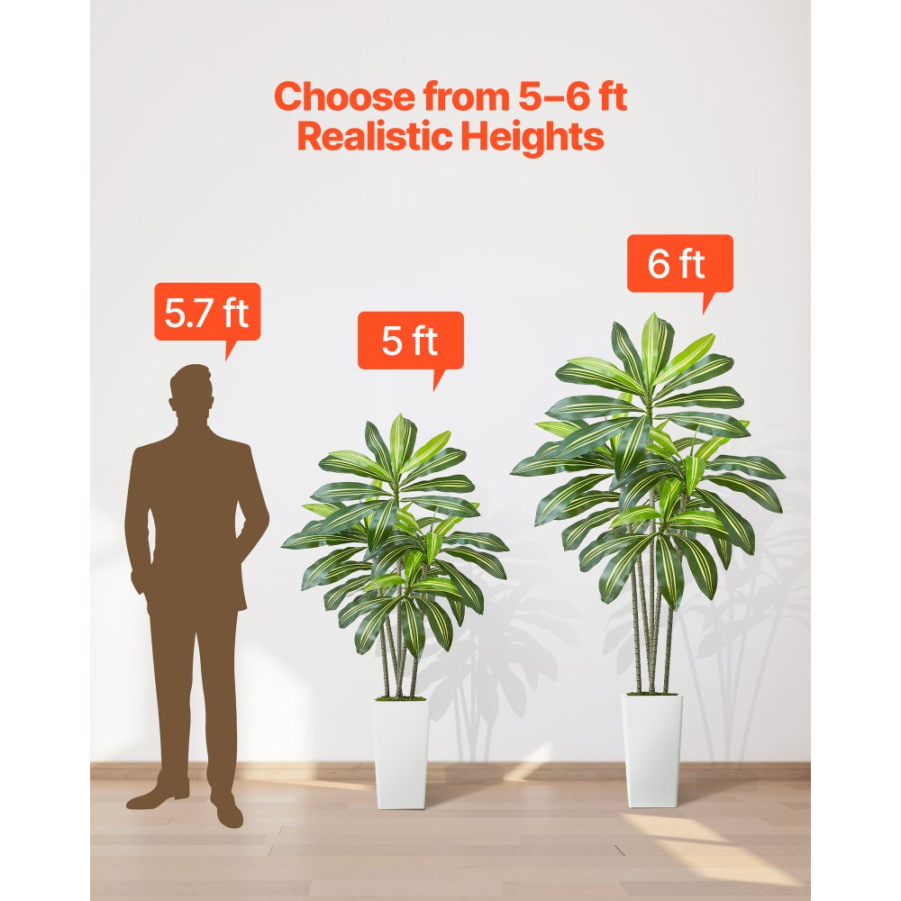 VEVOR Artificial Dracaena Tree 5 ft, Fake Palm Tropical Plants with White Tall Planter, Faux Floor Silk Plant in Pot, Large Trees for Home Office Living Room Decor House Warming, Indoor Outdoor