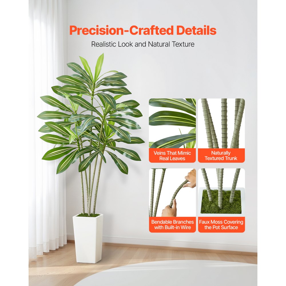 VEVOR Artificial Dracaena Tree 6 ft, Fake Palm Tropical Plants with White Tall Planter, Faux Floor Silk Plant in Pot, Large Trees for Home Office Living Room Decor House Warming, Indoor Outdoor