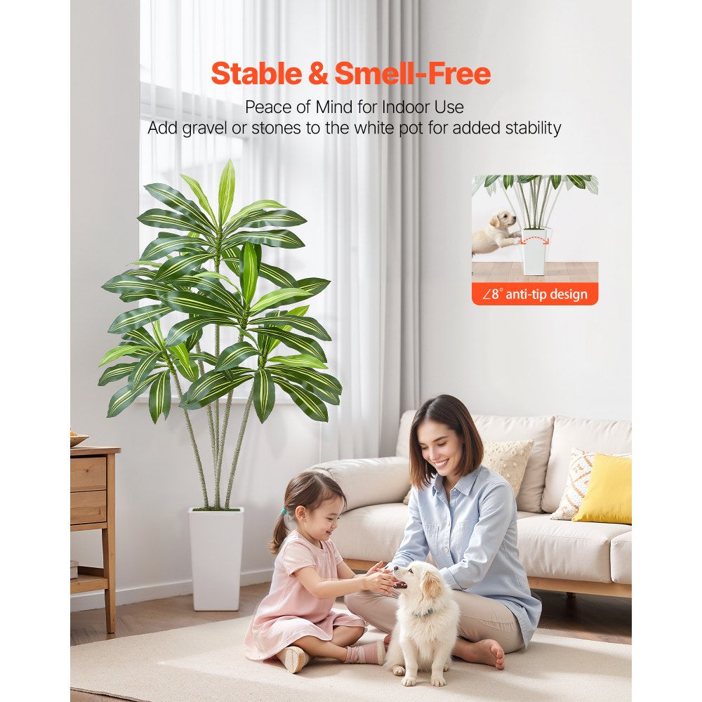 VEVOR Artificial Dracaena Tree 6 ft, Fake Palm Tropical Plants with White Tall Planter, Faux Floor Silk Plant in Pot, Large Trees for Home Office Living Room Decor House Warming, Indoor Outdoor