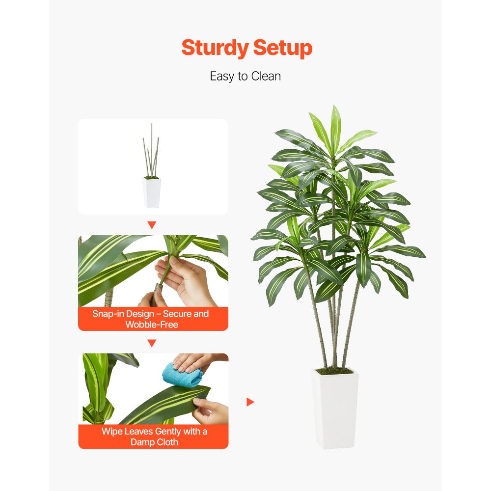 VEVOR Artificial Dracaena Tree 6 ft, Fake Palm Tropical Plants with White Tall Planter, Faux Floor Silk Plant in Pot, Large Trees for Home Office Living Room Decor House Warming, Indoor Outdoor