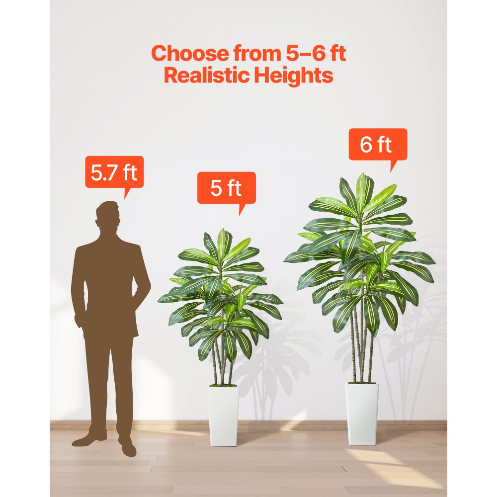 VEVOR Artificial Dracaena Tree 6 ft, Fake Palm Tropical Plants with White Tall Planter, Faux Floor Silk Plant in Pot, Large Trees for Home Office Living Room Decor House Warming, Indoor Outdoor