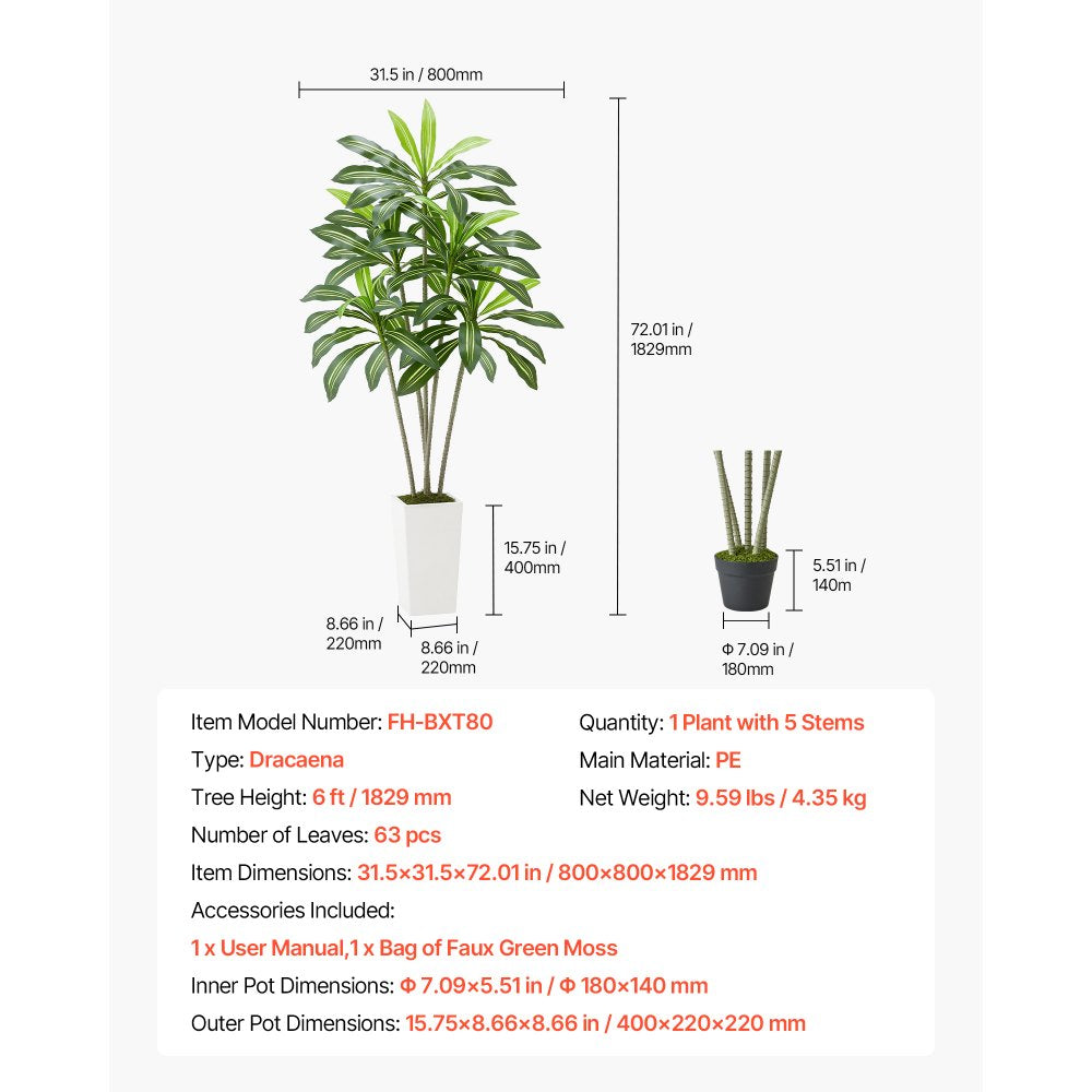 VEVOR Artificial Dracaena Tree 6 ft, Fake Palm Tropical Plants with White Tall Planter, Faux Floor Silk Plant in Pot, Large Trees for Home Office Living Room Decor House Warming, Indoor Outdoor
