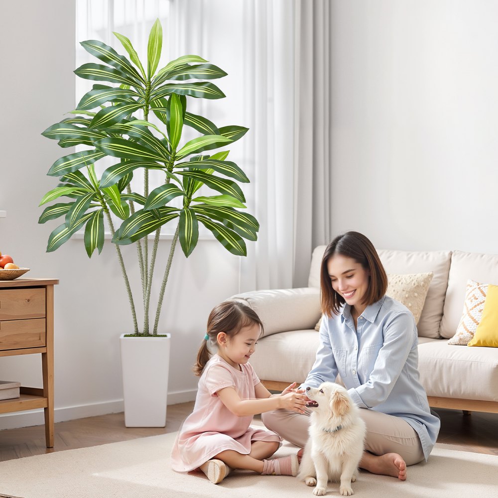 VEVOR Artificial Dracaena Tree 6 ft, Fake Palm Tropical Plants with White Tall Planter, Faux Floor Silk Plant in Pot, Large Trees for Home Office Living Room Decor House Warming, Indoor Outdoor