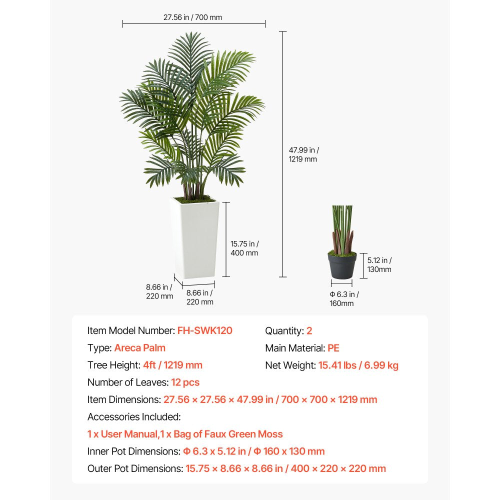 VEVOR Artificial Areca Palms 4 ft, 2 Pack Fake Palm Tropical Plants with White Tall Planter, Faux Floor Silk Plant in Pot, Large Tree for Home Office Living Room Decor House Warming, Indoor Outdoor