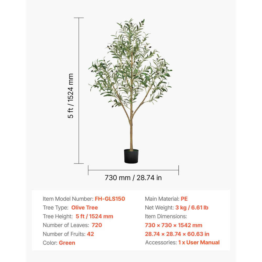 VEVOR 5FT Artificial Olive Tree with Black Pot, Tall Fake Tree with Natural Wood Trunk & Realistic Green Leaves and Fruits, Indoor Faux Plant for Home, Office, Living Room, Corner Decor