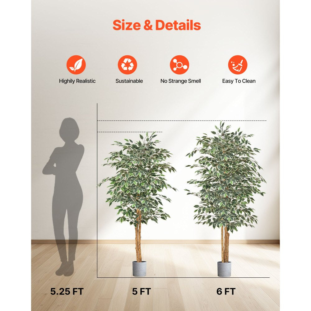 VEVOR 5FT Artificial Ficus Tree with Black Pot, Tall Faux Ficus Plant with Natural Wood Trunk and Realistic Green Leaves, Indoor Fake Silk Tree for Home, Office, Living Room, or Corner Décor