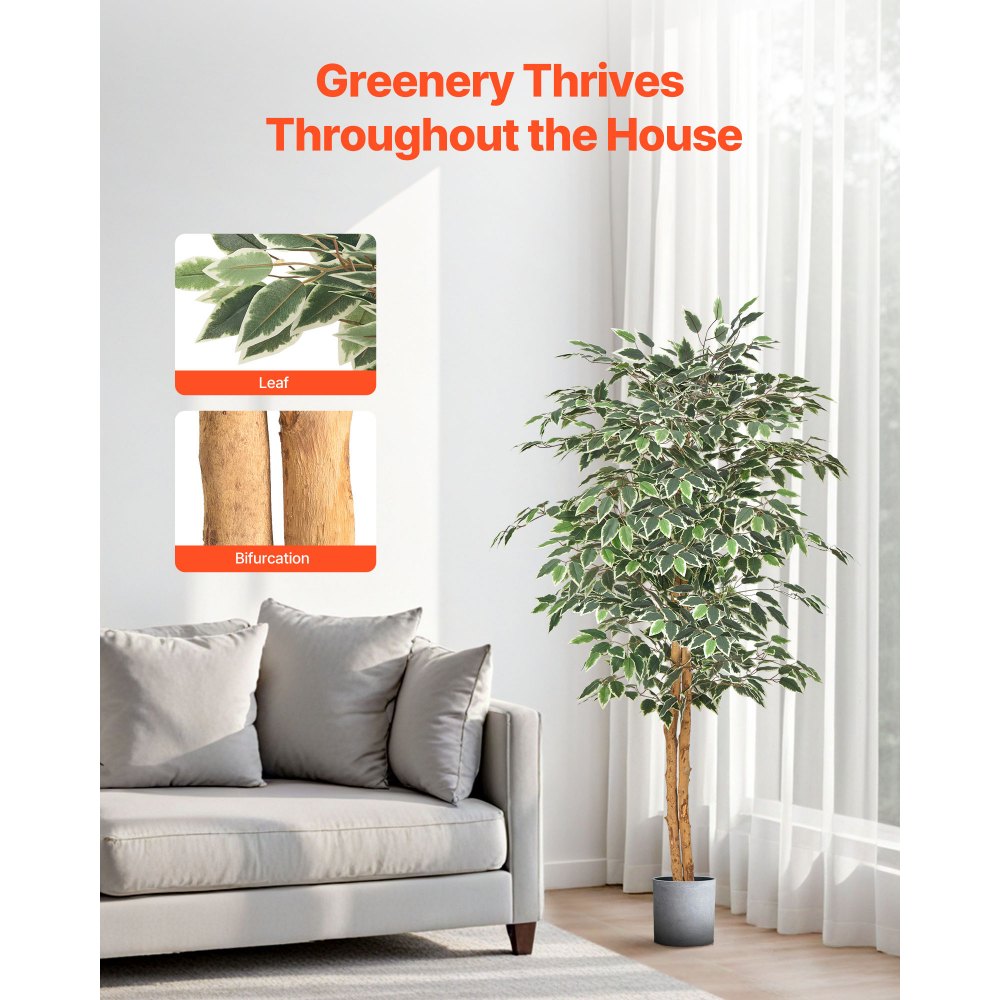 VEVOR 5FT Artificial Ficus Tree with Black Pot, Tall Faux Ficus Plant with Natural Wood Trunk and Realistic Green Leaves, Indoor Fake Silk Tree for Home, Office, Living Room, or Corner Décor