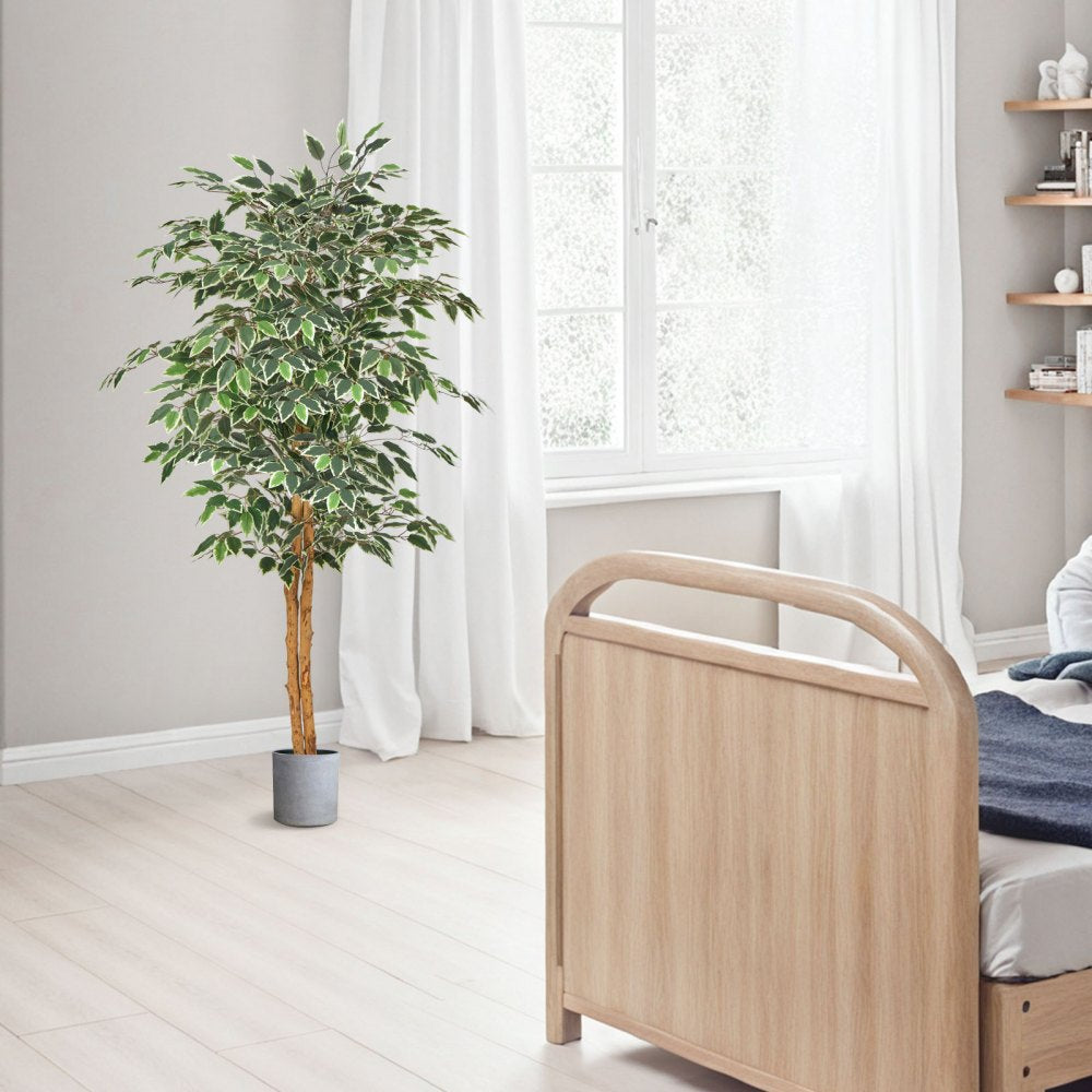 VEVOR 5FT Artificial Ficus Tree with Black Pot, Tall Faux Ficus Plant with Natural Wood Trunk and Realistic Green Leaves, Indoor Fake Silk Tree for Home, Office, Living Room, or Corner Décor