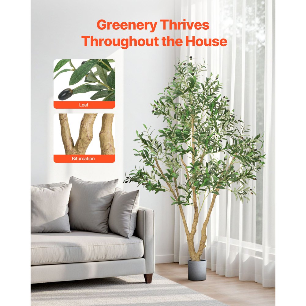 VEVOR 6FT Artificial Olive Tree with Black Pot, Tall Fake Tree with Natural Wood Trunk & Realistic Green Leaves and Fruits, Indoor Faux Plant for Home, Office, Living Room, Corner Decor