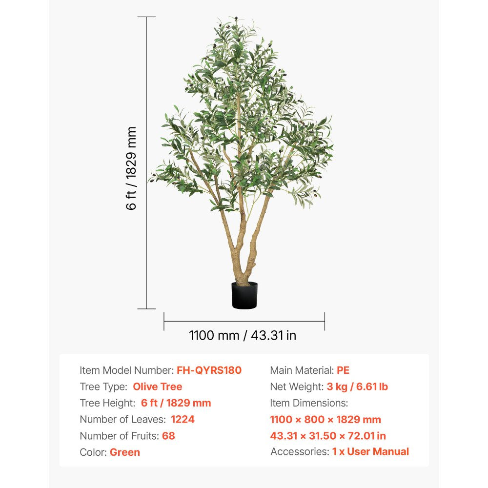 VEVOR 6FT Artificial Olive Tree with Black Pot, Tall Fake Tree with Natural Wood Trunk & Realistic Green Leaves and Fruits, Indoor Faux Plant for Home, Office, Living Room, Corner Decor