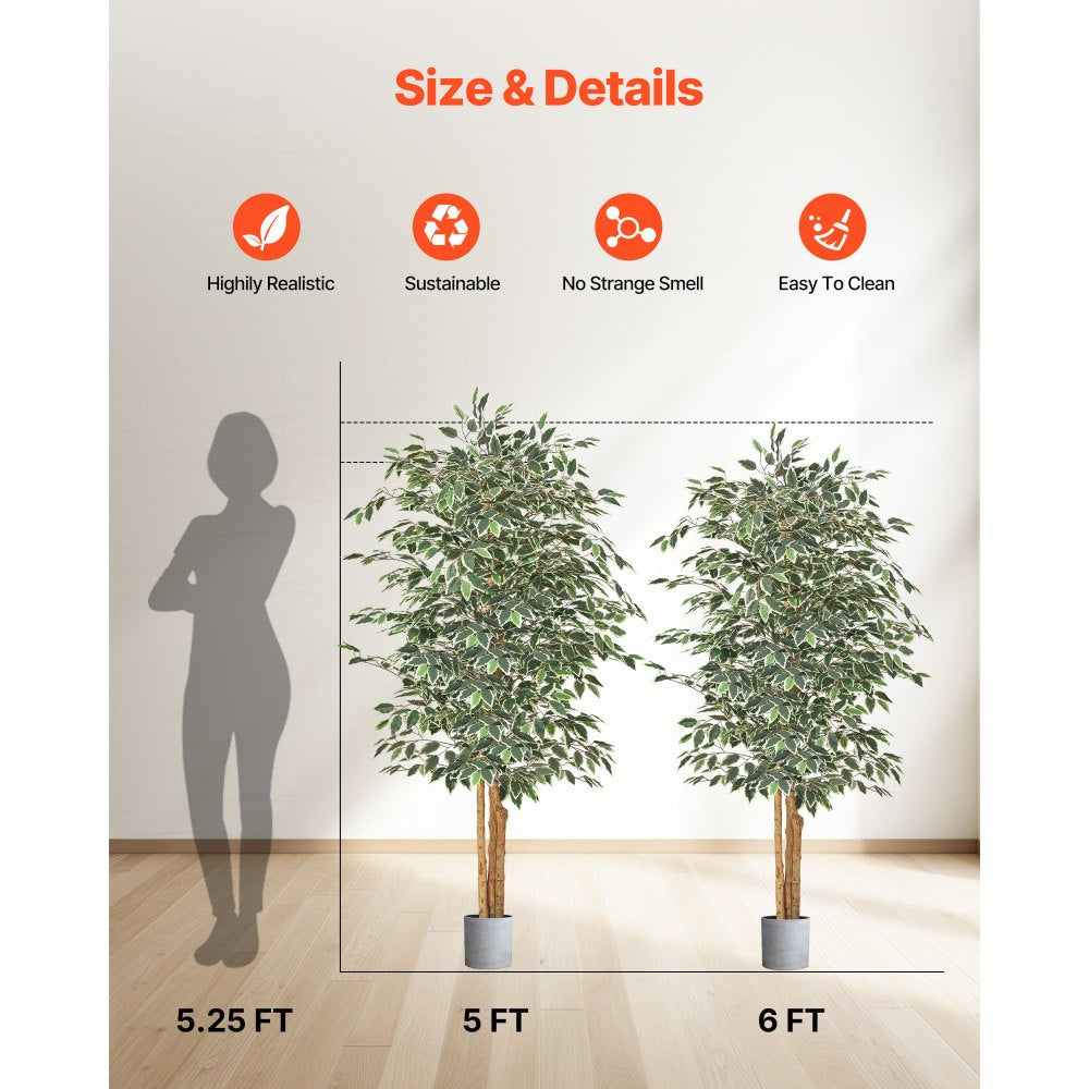 VEVOR 6FT Artificial Ficus Tree with Black Pot, Tall Faux Ficus Plant with Natural Wood Trunk and Realistic Green Leaves, Indoor Fake Silk Tree for Home, Office, Living Room, or Corner Décor